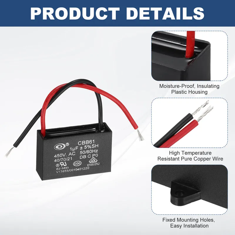 1uF 450V AC 2 Wires CBB61 Ceiling Fan Capacitor, 2pcs, 37x23.5x12mm