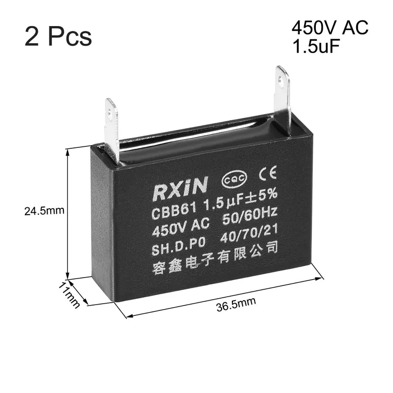 CBB61 Run Capacitor 450V AC 1.5uF 2-pin Metallized Polypropylene Film Capacitors for Ceiling Fan 2Pcs