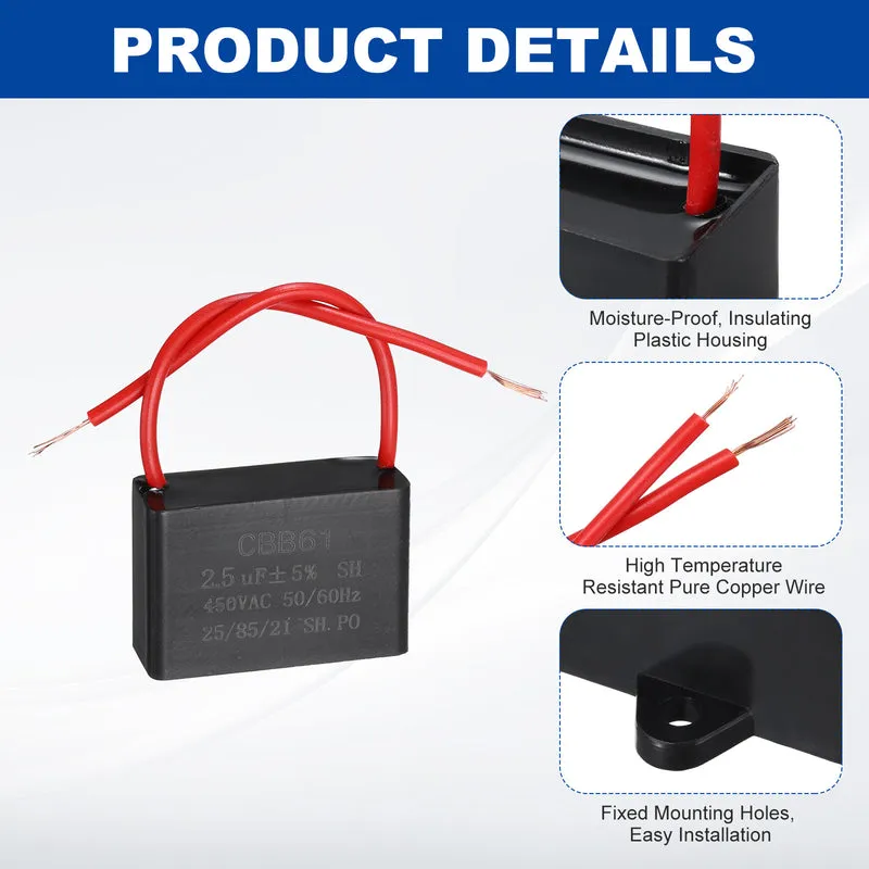 2 Pcs 2.5uF 450V AC 2 Wires CBB61 Ceiling Fan Capacitor, 37x28x28mm