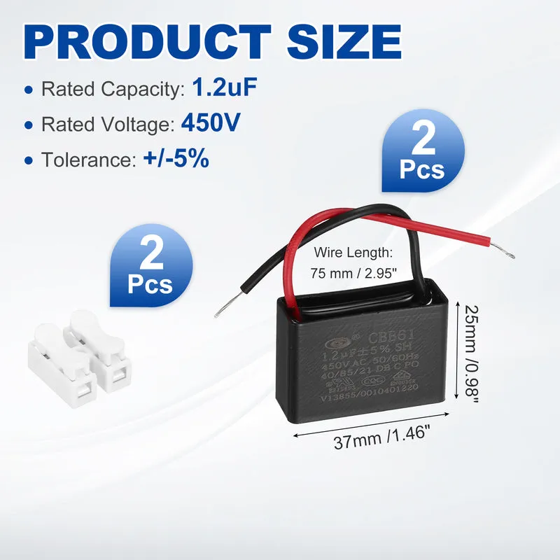 1.2uF 450V AC 2 Wires CBB61 Ceiling Fan Capacitor, 2pcs, 37x25x14mm