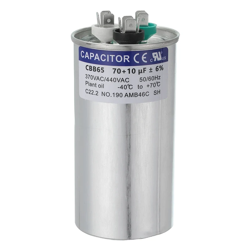 CBB65 Capacitor, 70+10uF 370-440 VAC 50/60Hz Aluminium Round Capacitor