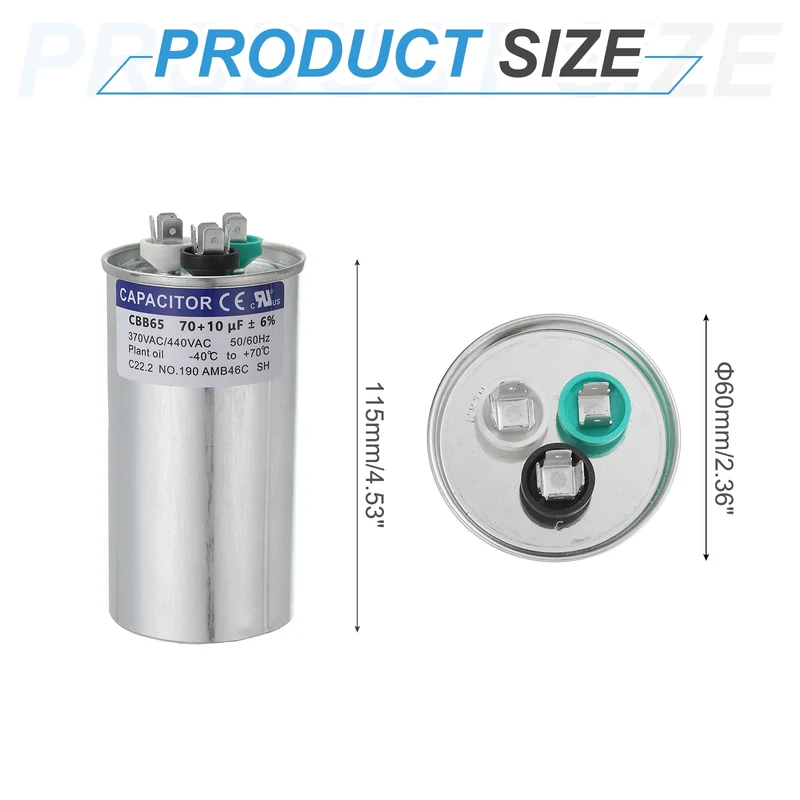 CBB65 Capacitor, 70+10uF 370-440 VAC 50/60Hz Aluminium Round Capacitor