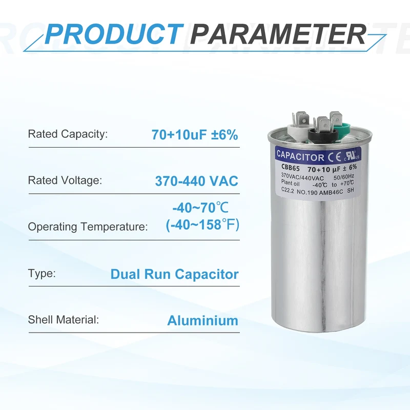 CBB65 Capacitor, 70+10uF 370-440 VAC 50/60Hz Aluminium Round Capacitor