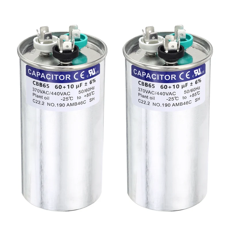 2Pcs 60+10MFD CBB65 Run Start Capacitor 60+10uF 370/440V Round AC Capacitor