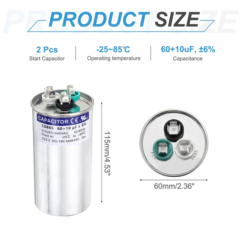 2Pcs 60+10MFD CBB65 Run Start Capacitor 60+10uF 370/440V Round AC Capacitor
