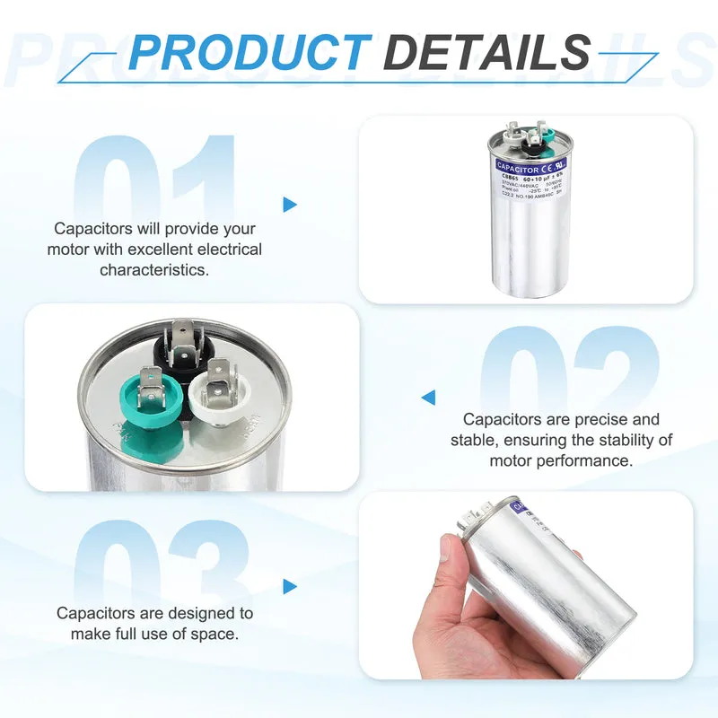 2Pcs 60+10MFD CBB65 Run Start Capacitor 60+10uF 370/440V Round AC Capacitor