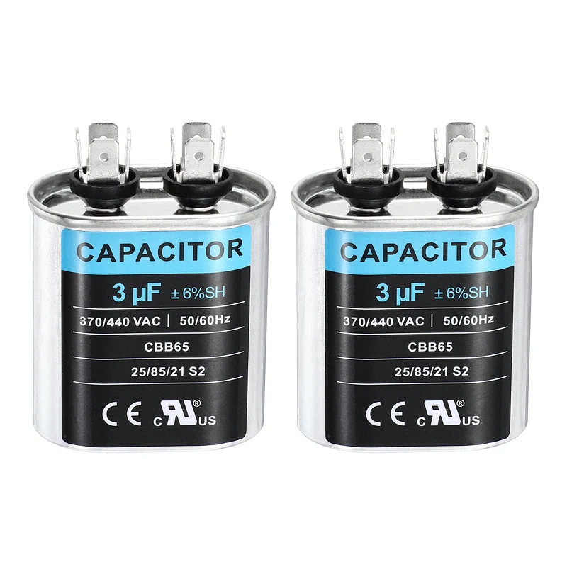 2Pcs 3MFD CBB65 Run Start Capacitor 3uF, 370/440V Oval AC Capacitor