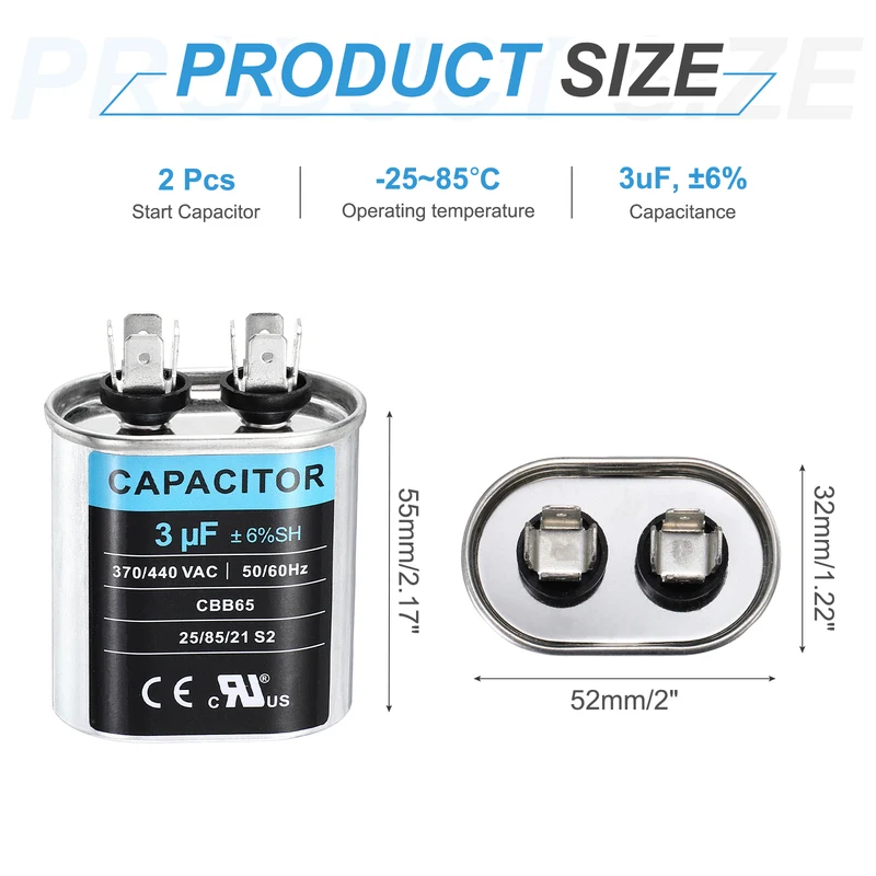 2Pcs 3MFD CBB65 Run Start Capacitor 3uF, 370/440V Oval AC Capacitor