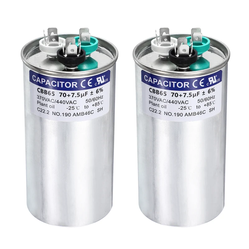 2Pcs 70+7.5MFD CBB65 Run Start Capacitor 70+7.5uF 370/440V Round AC Capacitor