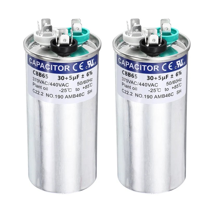 2Pcs 30+5MFD CBB65 Run Start Capacitor 30+5uF, 370/440V Round AC Capacitor