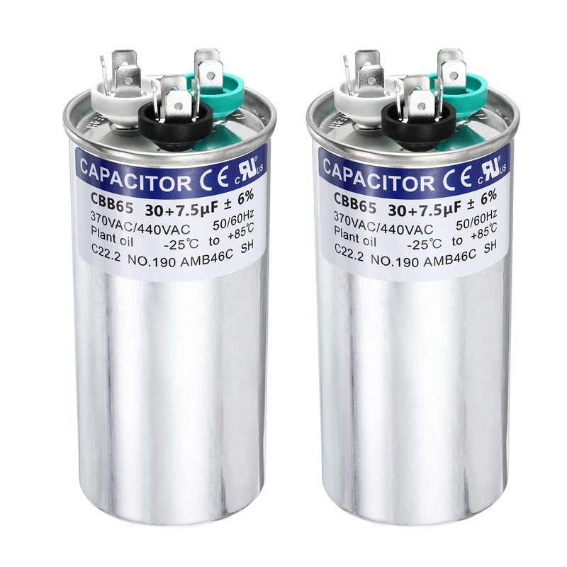 2Pcs 30+7.5MFD CBB65 Run Start Capacitor 30+7.5uF, 370/440V Round AC Capacitor