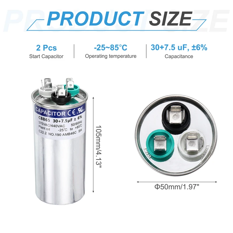 2Pcs 30+7.5MFD CBB65 Run Start Capacitor 30+7.5uF, 370/440V Round AC Capacitor