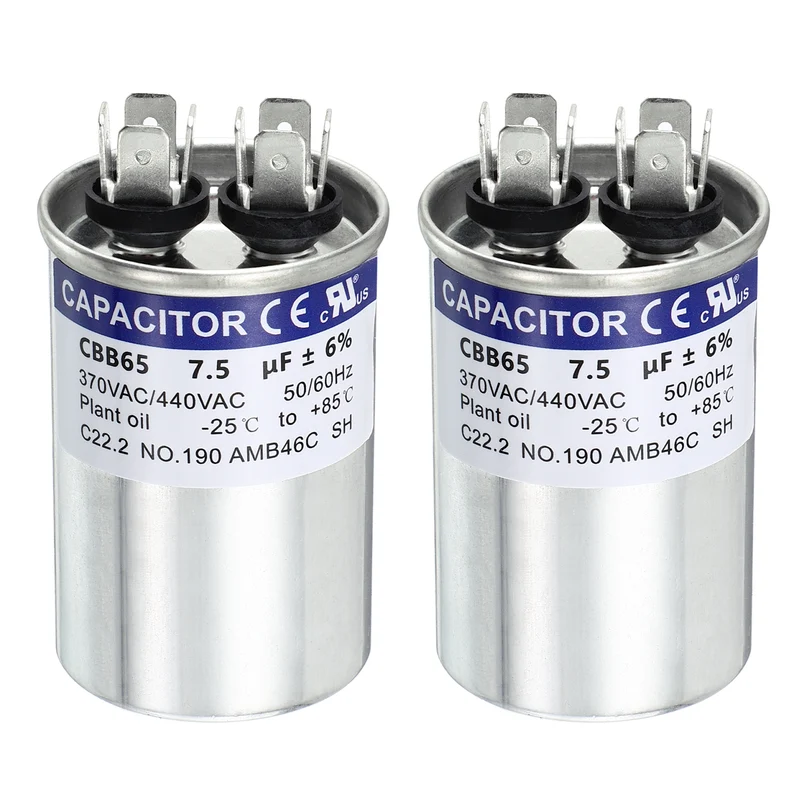 2Pcs 7.5MFD CBB65 Run Start Capacitor 7.5uF 370/440V Round AC Capacitor