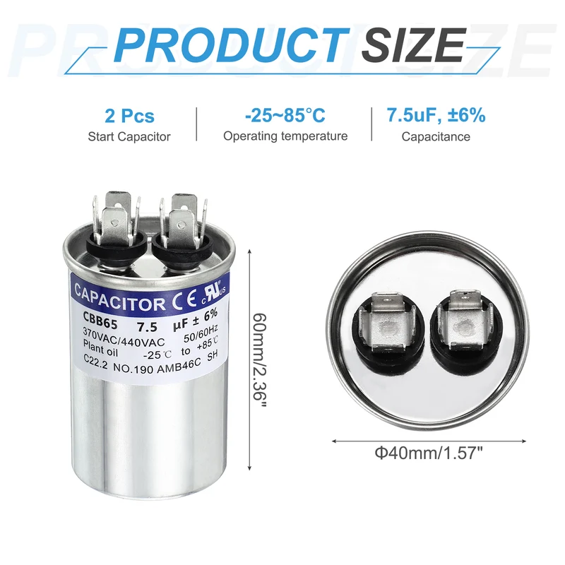 2Pcs 7.5MFD CBB65 Run Start Capacitor 7.5uF 370/440V Round AC Capacitor