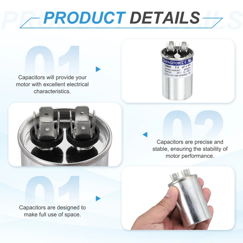 2Pcs 7.5MFD CBB65 Run Start Capacitor 7.5uF 370/440V Round AC Capacitor