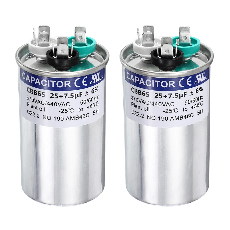 2Pcs 25+7.5MFD CBB65 Run Start Capacitor 25+7.5uF, 370/440V Round AC Capacitor