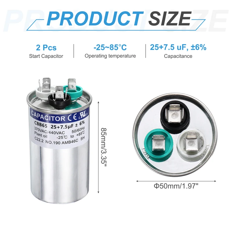2Pcs 25+7.5MFD CBB65 Run Start Capacitor 25+7.5uF, 370/440V Round AC Capacitor