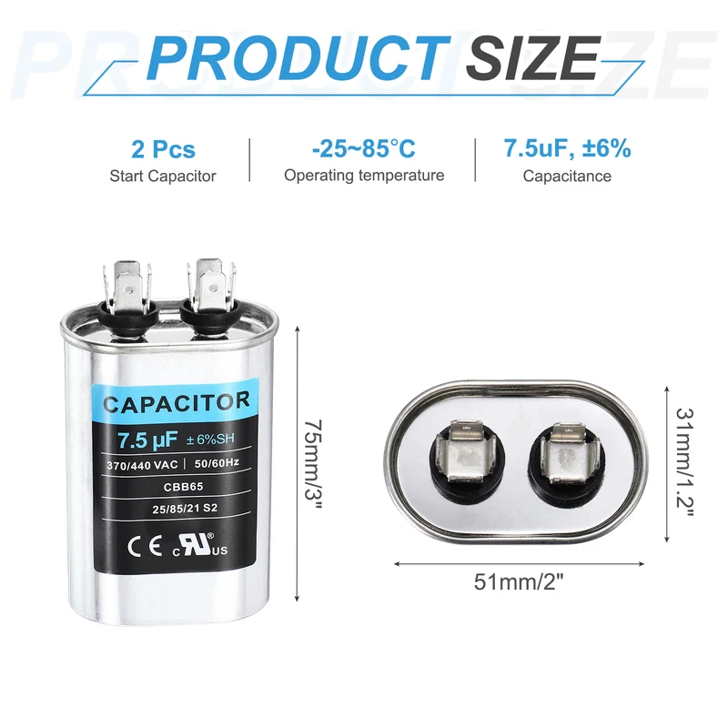 2Pcs 7.5MFD CBB65 Run Start Capacitor 7.5uF 370/440V Oval AC Capacitor