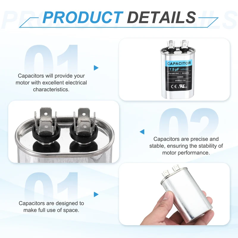 2Pcs 7.5MFD CBB65 Run Start Capacitor 7.5uF 370/440V Oval AC Capacitor