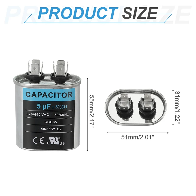 CBB65 Capacitor, 5uF 370-440 VAC 50/60Hz Aluminium Capacitor