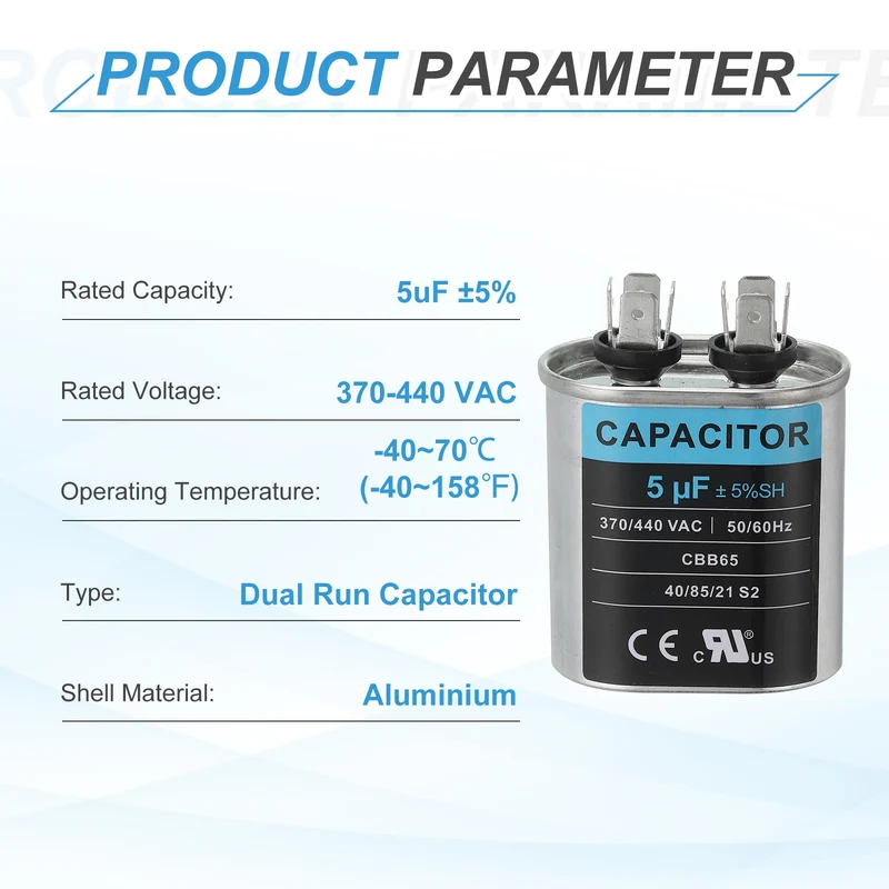 CBB65 Capacitor, 5uF 370-440 VAC 50/60Hz Aluminium Capacitor