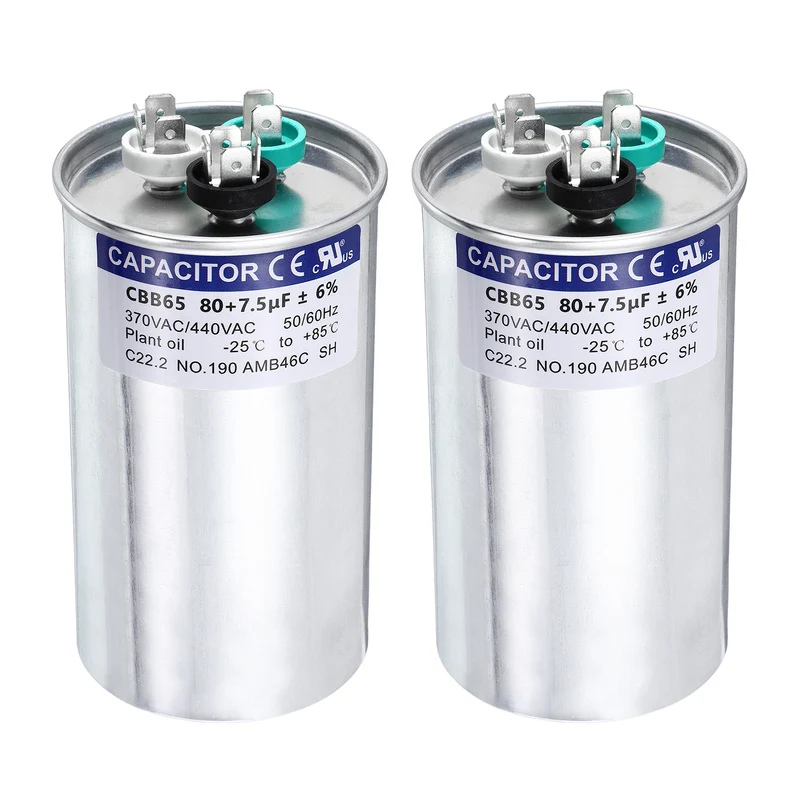 2Pcs 80+7.5MFD CBB65 Run Start Capacitor 80+7.5uF 370/440V Round AC Capacitor