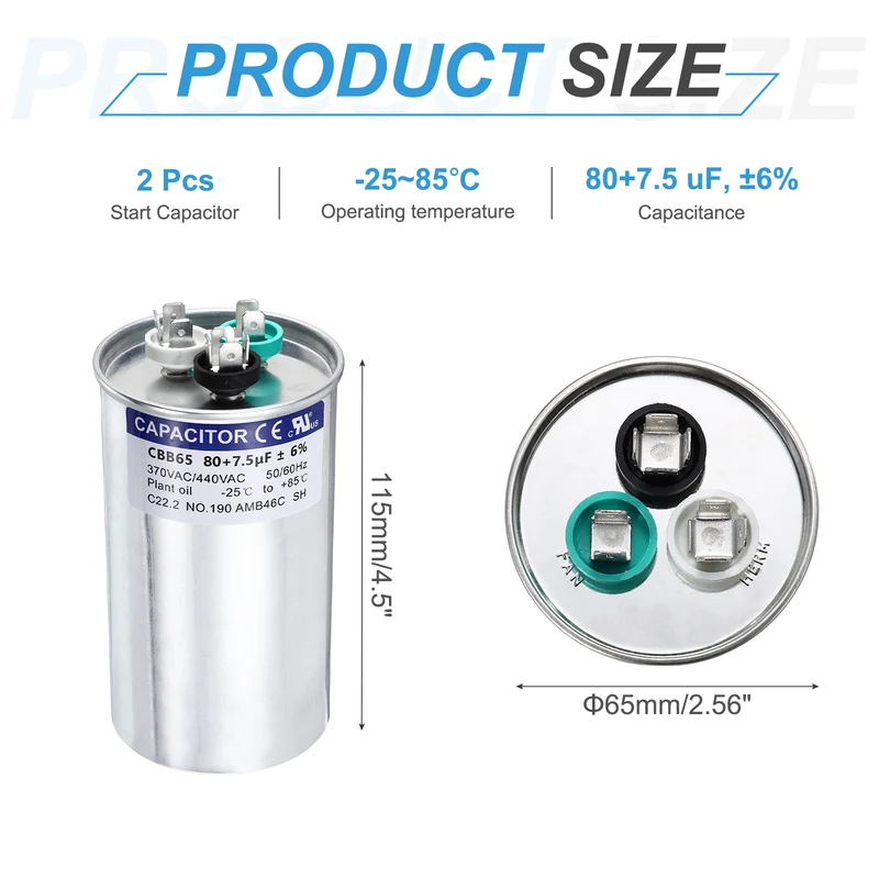 2Pcs 80+7.5MFD CBB65 Run Start Capacitor 80+7.5uF 370/440V Round AC Capacitor