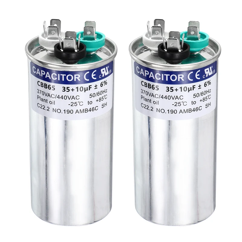 2Pcs 35+10MFD CBB65 Run Start Capacitor 35+10uF, 370/440V Round AC Capacitor