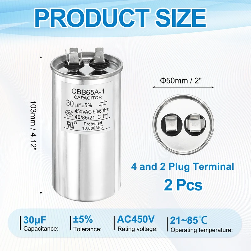2 Pcs CBB65 Run Capacitor, Aluminum Case, 450V 30 F 5%