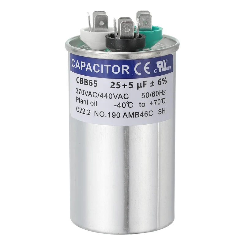 CBB65 Capacitor, 25+5uF 370-440 VAC 50/60Hz Aluminium Round Capacitor