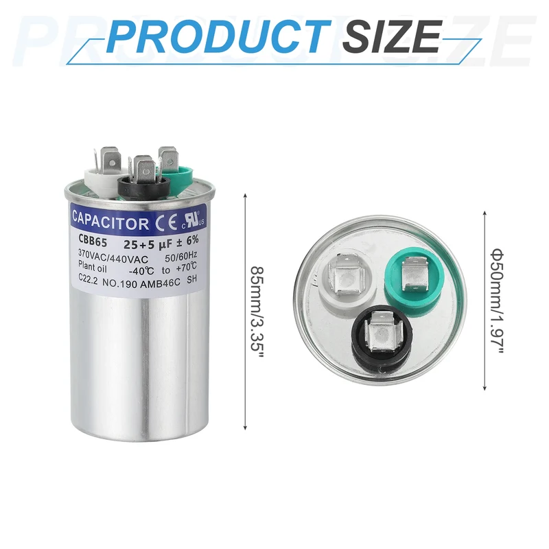 CBB65 Capacitor, 25+5uF 370-440 VAC 50/60Hz Aluminium Round Capacitor