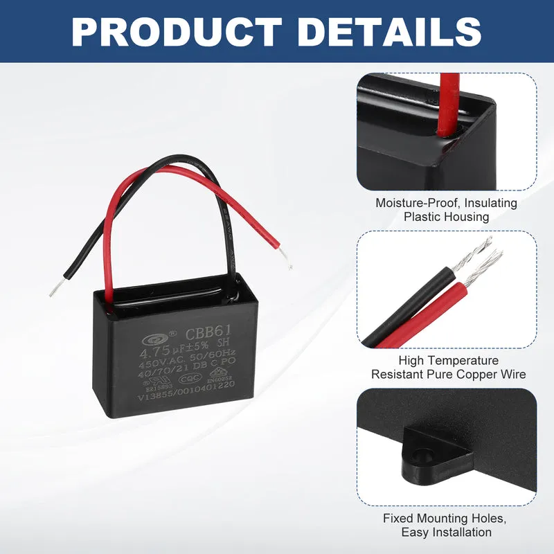 4.75uF 450V AC 2 Wires CBB61 Ceiling Fan Capacitor, 2pcs, 43x31x18mm