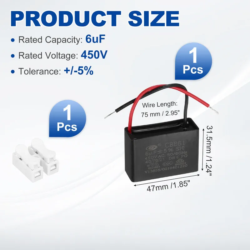 6uF 450V AC 2 Wires CBB61 Ceiling Fan Capacitor, 47x31.5x19mm