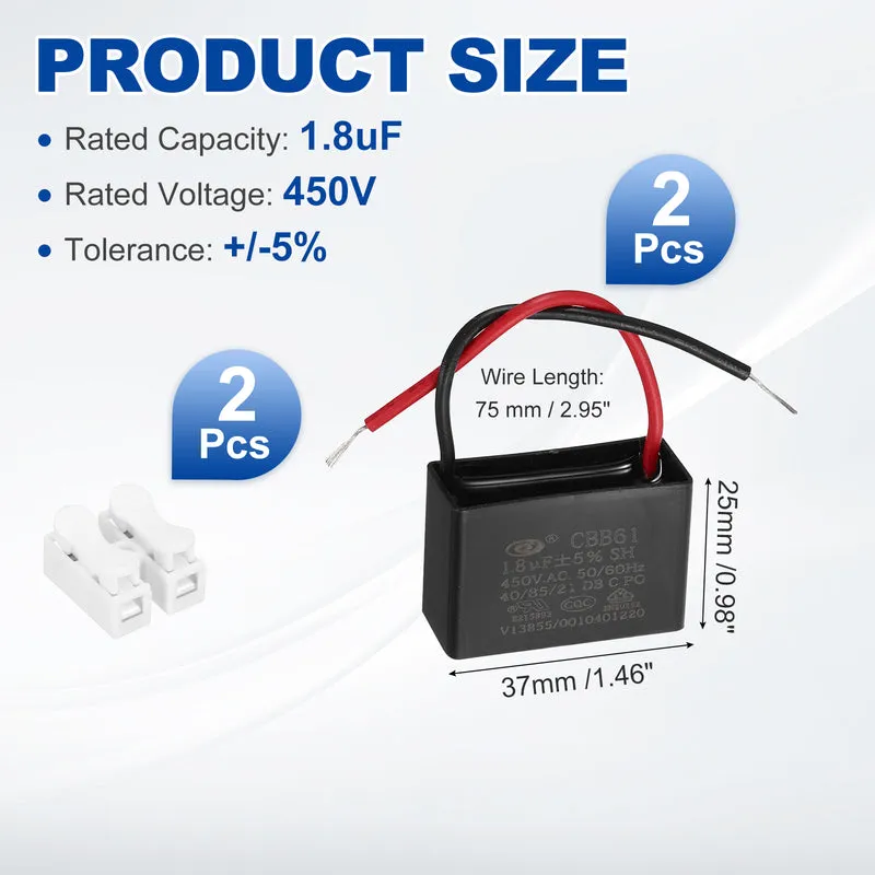 1.8uF 450V AC 2 Wires CBB61 Ceiling Fan Capacitor, 2pcs, 37x25x15.5mm