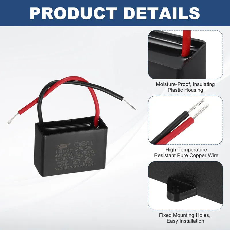 1.8uF 450V AC 2 Wires CBB61 Ceiling Fan Capacitor, 2pcs, 37x25x15.5mm