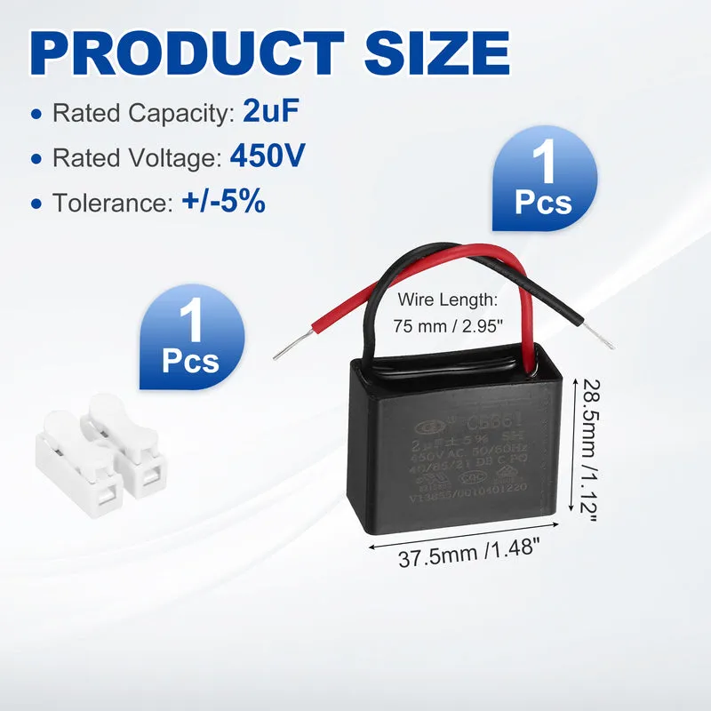 2uF 450V AC 2 Wires CBB61 Ceiling Fan Capacitor, 37.5x28.5x18mm