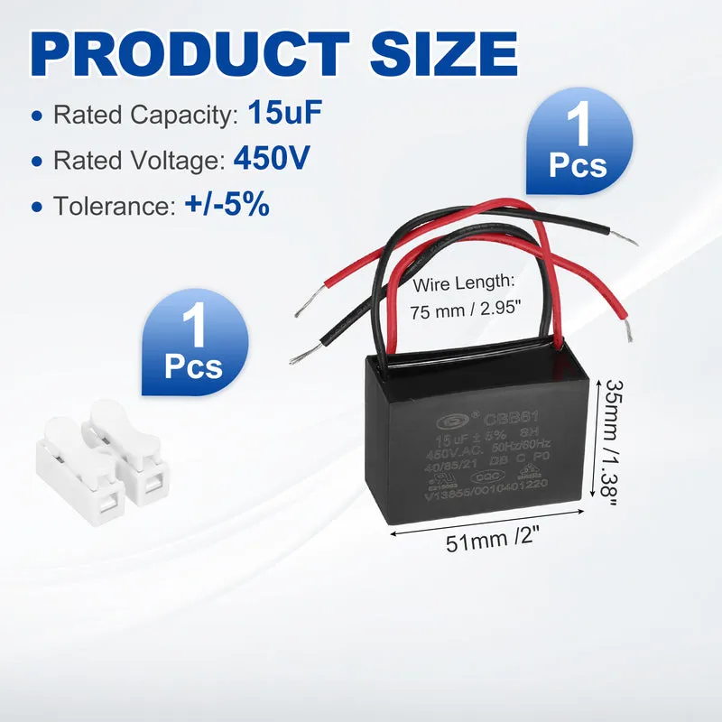 15uF 450V AC 2 Wires CBB61 Ceiling Fan Capacitor, 41.5x41.5x28mm