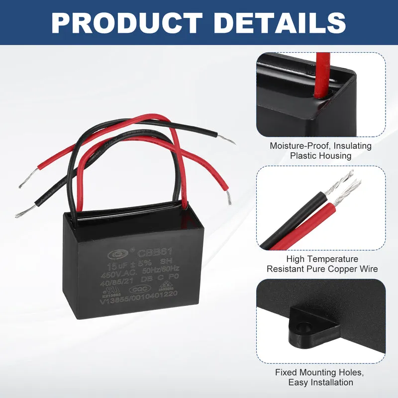 15uF 450V AC 2 Wires CBB61 Ceiling Fan Capacitor, 41.5x41.5x28mm