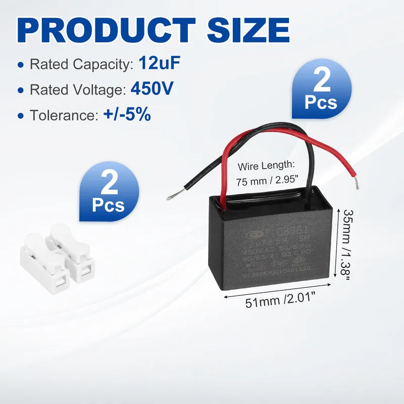 12uF 450V AC 2 Wires CBB61 Ceiling Fan Capacitor, 2pcs, 51x35x25mm