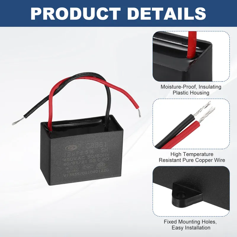 12uF 450V AC 2 Wires CBB61 Ceiling Fan Capacitor, 2pcs, 51x35x25mm