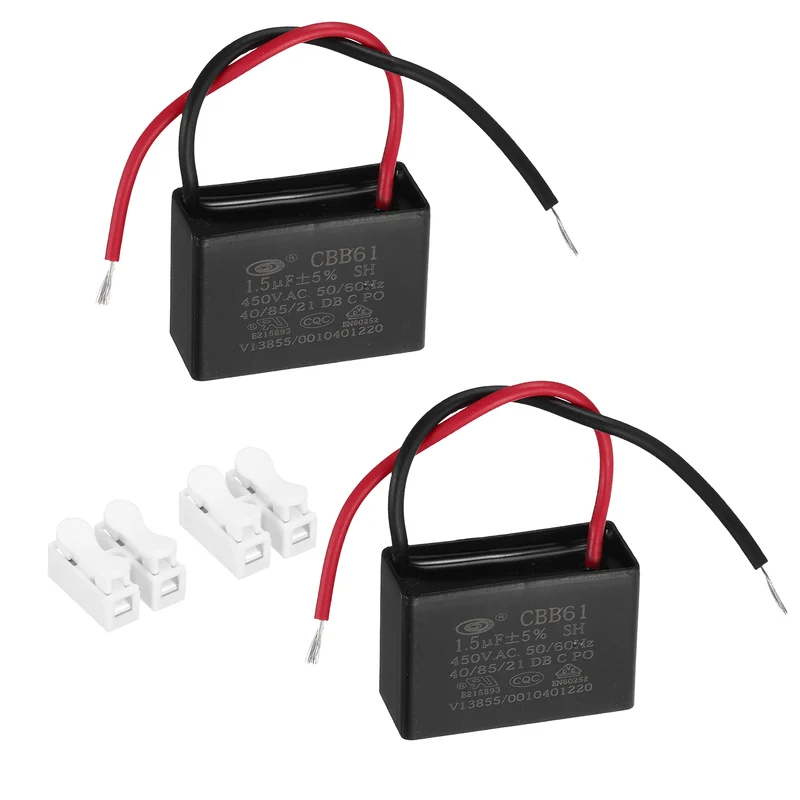 1.5uF 450V AC 2 Wires CBB61 Ceiling Fan Capacitor, 2pcs, 37x25x16mm
