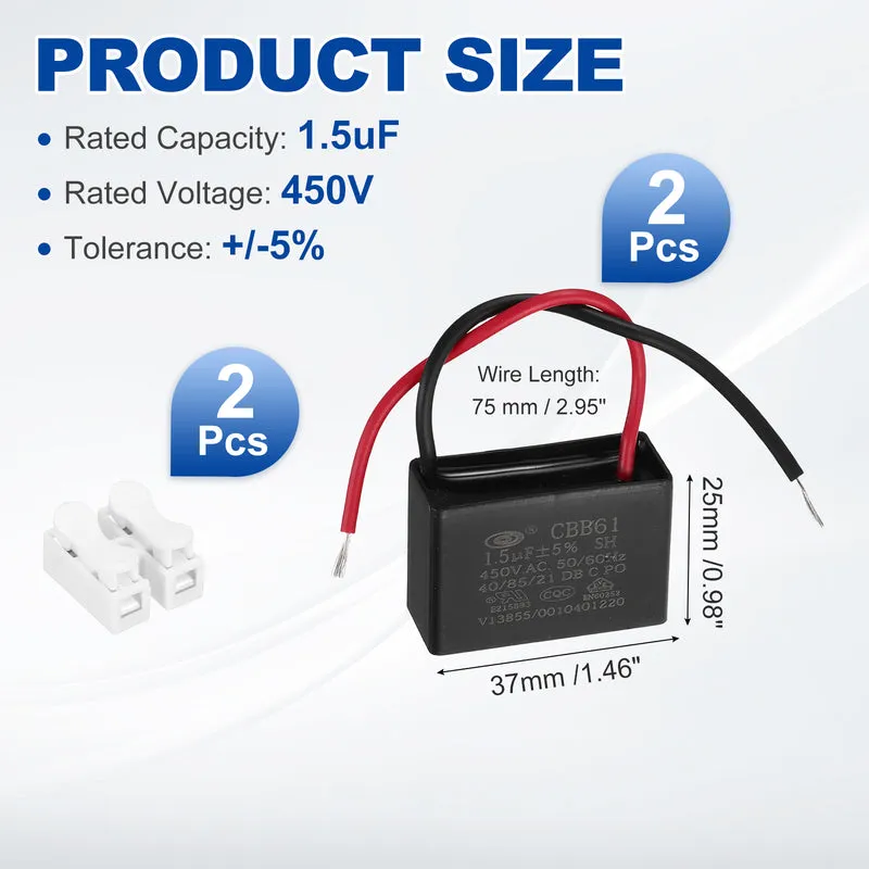 1.5uF 450V AC 2 Wires CBB61 Ceiling Fan Capacitor, 2pcs, 37x25x16mm