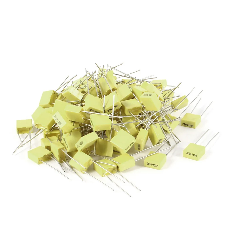 100 Pcs 5% 100V 0.22uF 5mm Pitch Radial Lead Box Type Film Correction Capacitors