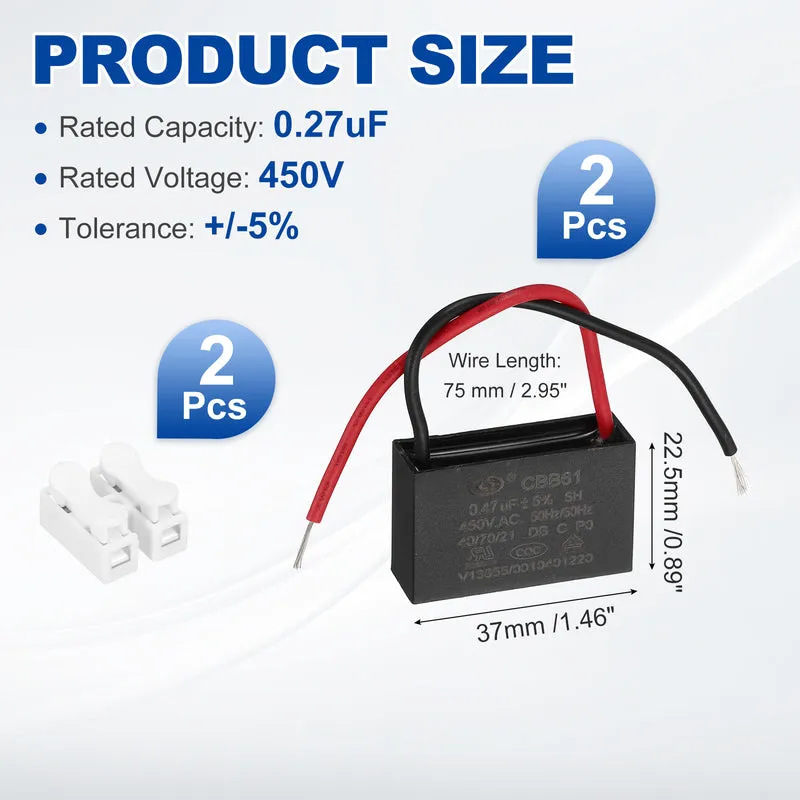 0.47uF 450V AC 2 Wires CBB61 Ceiling Fan Capacitor, 2pcs, 37x22.5x12mm