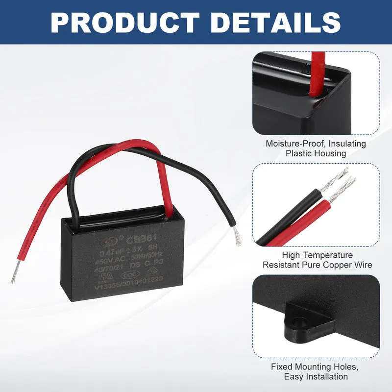 0.47uF 450V AC 2 Wires CBB61 Ceiling Fan Capacitor, 2pcs, 37x22.5x12mm