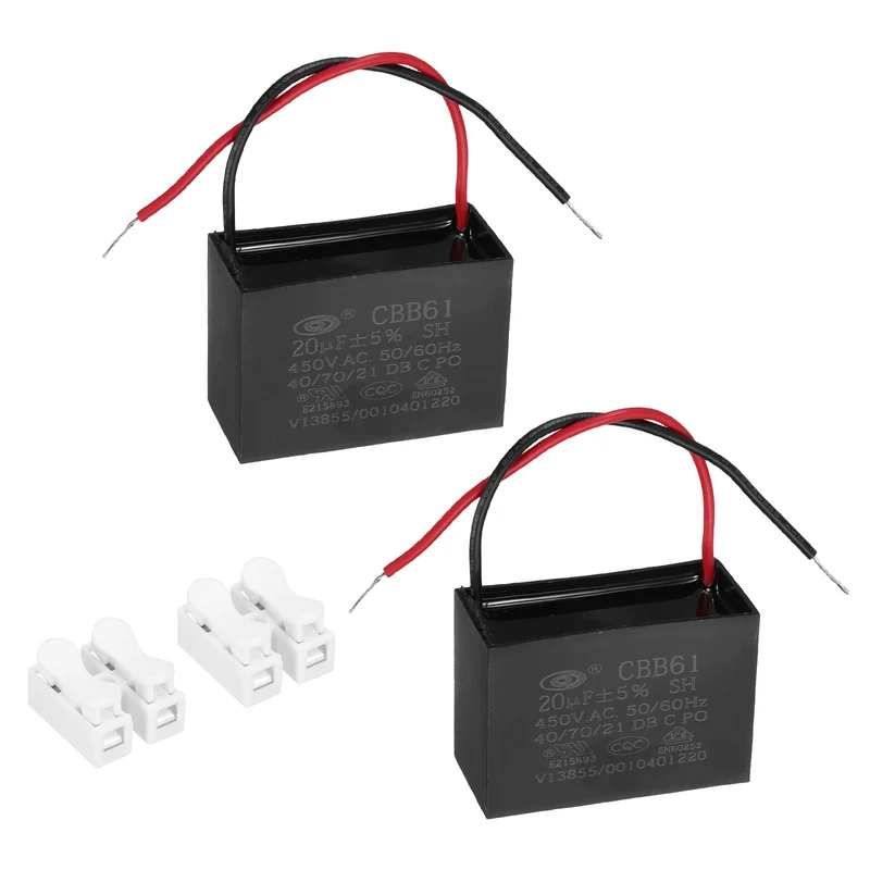 20uF 450V AC 2 Wires CBB61 Ceiling Fan Capacitor, 2pcs, 60x41.5x28mm
