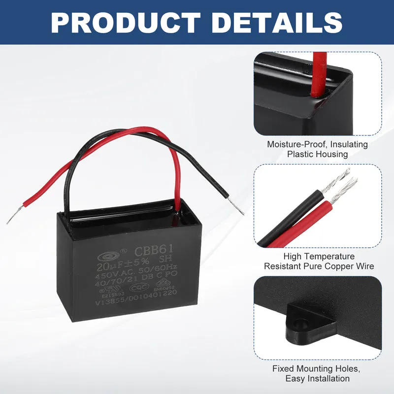 20uF 450V AC 2 Wires CBB61 Ceiling Fan Capacitor, 2pcs, 60x41.5x28mm