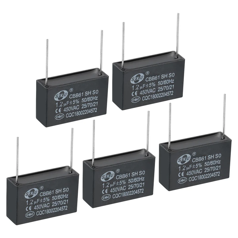 CBB61 Ceiling Fan Capacitor, 5Pcs 1.2uF 450V AC 50/60HZ with 2Pins 36x12x22mm
