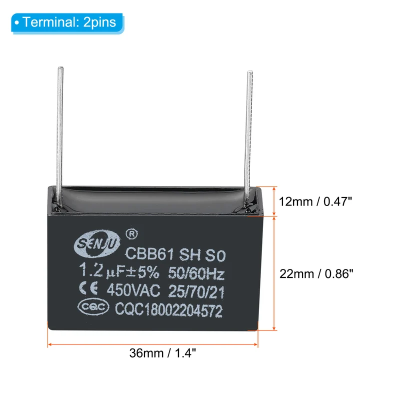 CBB61 Ceiling Fan Capacitor, 5Pcs 1.2uF 450V AC 50/60HZ with 2Pins 36x12x22mm