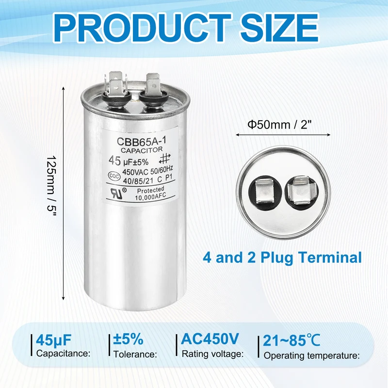 1 Pcs CBB65 Run Capacitor, Aluminum Case, 450V 45 F 5%
